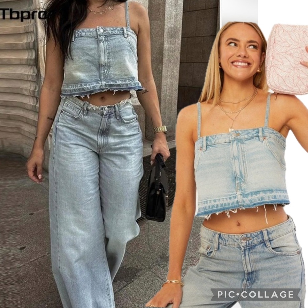 Zara Light‎ Wash Denim Corset-Style Crop Top | Skirt Camisole Crop Tank | Size S